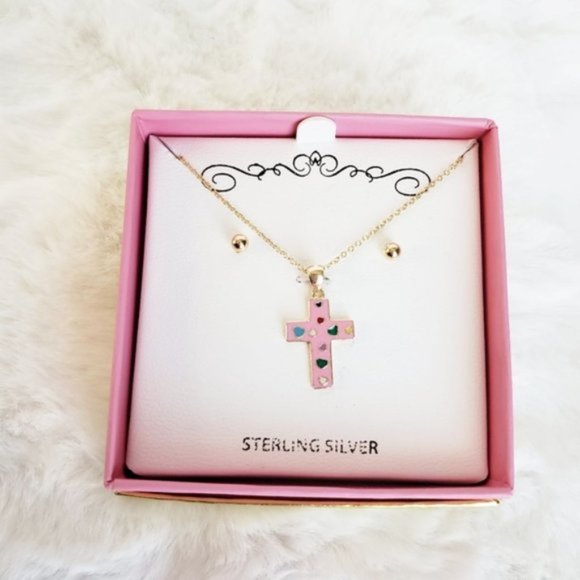 Sterling Silver Gold & Pink Cross Necklace Set NIB - Picture 1 of 3